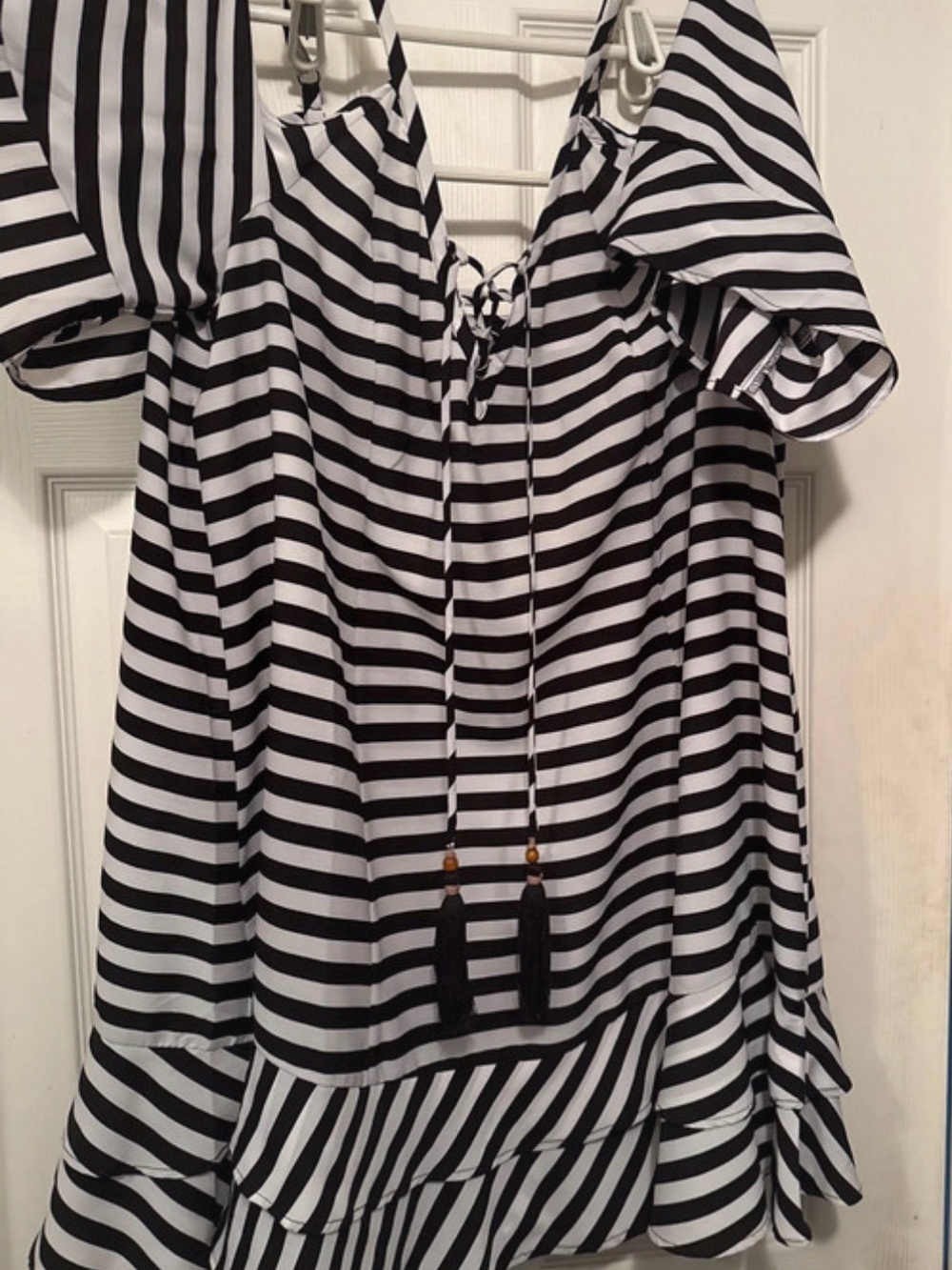torrid Black and White Striped Off-Shoulder Coverup with Tassel Tie